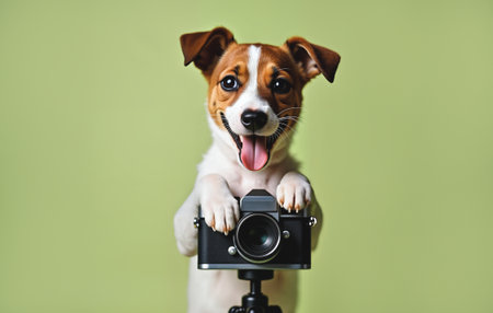 Smiling Jack Russell with a camera. Generative AIの素材