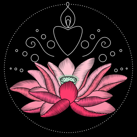 Embroidery lotus flower artwork for clothing, patches and stickers. Pink water lily. Decorative fancywork elements and fabric design.のイラスト素材