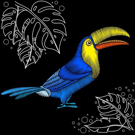 Embroidery toucan artwork for clothing, patches and stickers. Tropical bird and monstera leaves. Decorative fancywork elements and fabric design.のイラスト素材