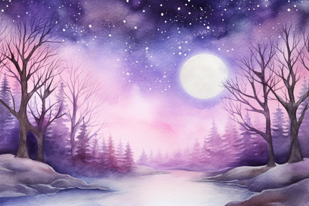 Winter forest background at full moon night. watercolor illustrationの素材