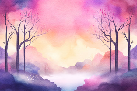 Fantasy forest with pink and purple clouds. Watercolor background with a copy space.の素材