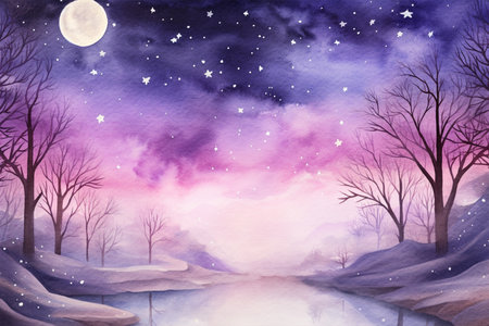 Winter forest background at full moon night. watercolor illustrationの素材