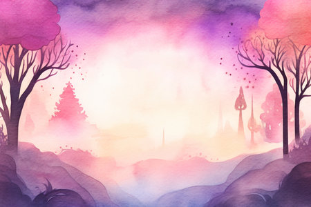 Fantasy forest with colorful trees. Watercolor background with a copy space.の素材