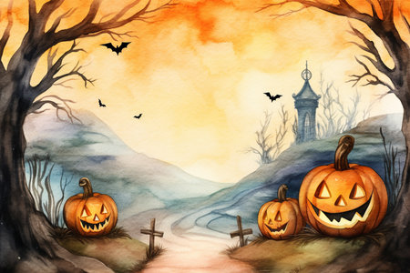 Halloween background with spooky pumpkins near the cemetery. watercolor illustrationの素材
