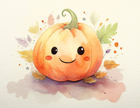 Happy smiling pumpkin. cute cartoon characters. watercolor illustrationの素材