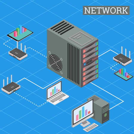 Isometric networking conncetion, internet network topology concept, server room, data center and database icon, cloud storage vector dark ultra violet neon - Vectorのイラスト素材