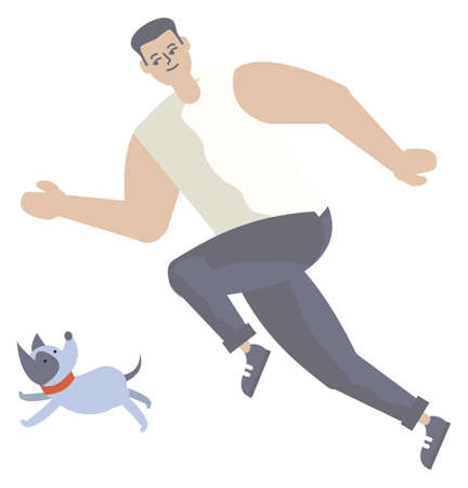 Cartoon Character Men Flat Style Simple Modern Playing with Little Cute Dog Puppyのイラスト素材