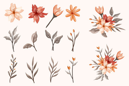 Set of hand drawn floral elements. Vector illustration in watercolor style.のイラスト素材