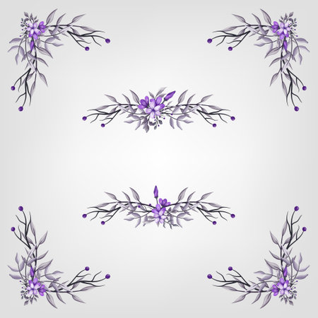 Set botanic blossom floral elements. Branches, leaves, herbs, wild plants, flowers. Garden, meadow, field collection leaf, foliage, branches. Bloom vector illustration isolated on white backgroundのイラスト素材
