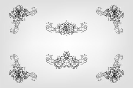 Classical Baroque Filigree Decoration Ornament Vintage Floral Border Style Antique Art RetroDecorative corners and dividers. Ornamental curls border, royal ornaments and vintage filigree ornament corner. Set of ornametal corners on white background. Classical Baroque Filigree Decoration Ornament Vintage Floral Border Style Antique Art Retro. sets with vector vintage wedding ornaments, frames and borders in decorative classic style for your wedding invitations, menus, cards, etc.のイラスト素材