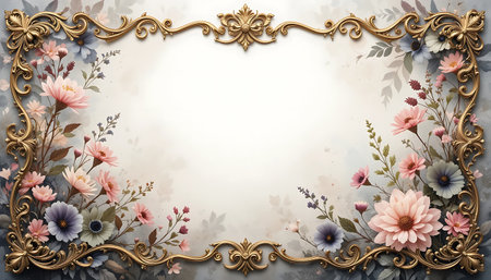Ornate floral frame featuring pastel flowers and gold detailing adds elegance to your invitation design or romantic stationery project, suitable for any special occasion.の写真素材