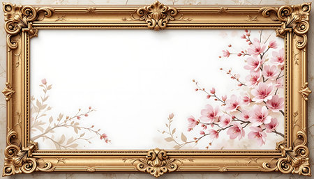 Ornate gold frame showcases delicate cherry blossom details adding a touch of classic elegance...