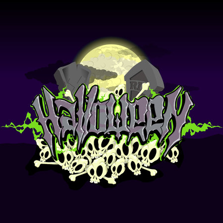 Halloween text with graves and skulls in moonlightのイラスト素材