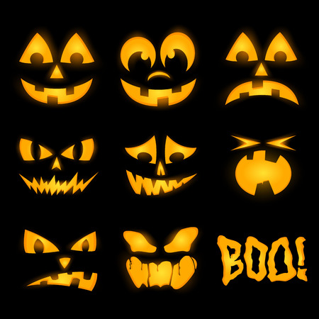 Orange halloween lighting pumpkin faces, emotionsのイラスト素材