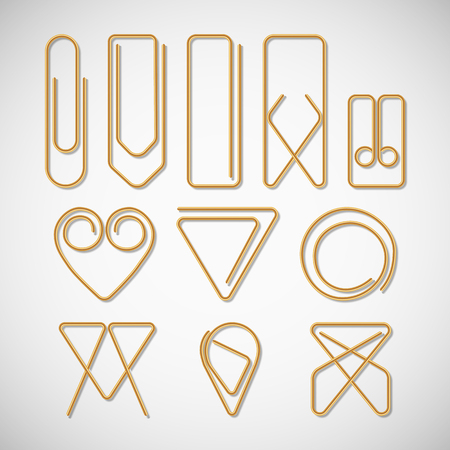 Gold paper clips different paper clips collection isolated on white backgroundのイラスト素材
