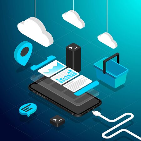 Isometric perspective view smart phone flat illustration on blue gradient background with basket, chat icon, maps poi, command line icon and phone data cable and hanging clouds.のイラスト素材
