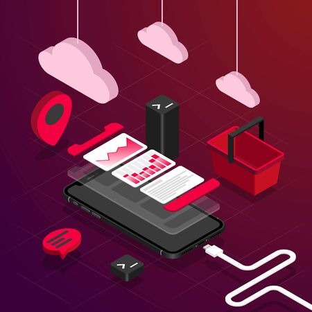 Isometric perspective view smart phone flat illustration on blue gradient background with basket, chat icon, maps poi, command line icon and phone data cable and hanging clouds.のイラスト素材