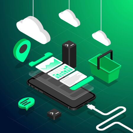 Isometric perspective view smart phone flat illustration on blue gradient background with basket, chat icon, maps poi, command line icon and phone data cable and hanging clouds.のイラスト素材
