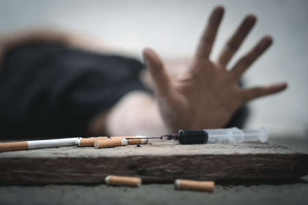 Drug addiction, medical abuse and narcotics hook and dependence concept. Tablet overdose.の写真素材