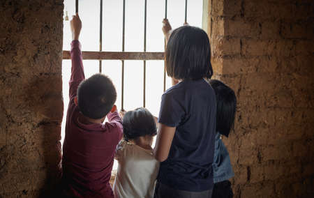 Human trafficking of children concept, children in catch the iron prison, human rights violations,の写真素材