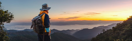 Hipster male hiker with backpack enjoying sunset on peak of foggy mountain. Tourist traveler on...