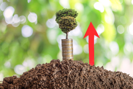 Tree growing on a pile of coins stack with arrow of the diagram grows up on soil, blurry green nature backdrop. Financial growth concept.の写真素材