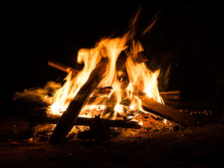bonfire for warm in night while clampingの写真素材