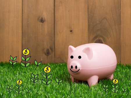 Coin bank sitting on grass with hand putting in a coin.Small piggy bank behind a small   fresh grass and wood background.の写真素材