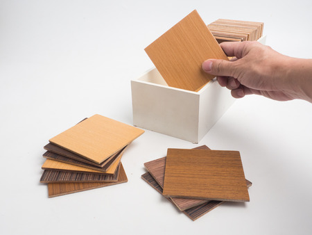 Samples of veneer wood on white background. interior design select material for idea.