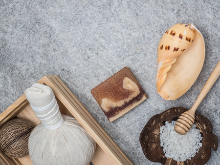 Aromatherapy  product  Spa set ,candle ,soap,coconut,  massage with white  wood background. top view,flat lay composition.の写真素材