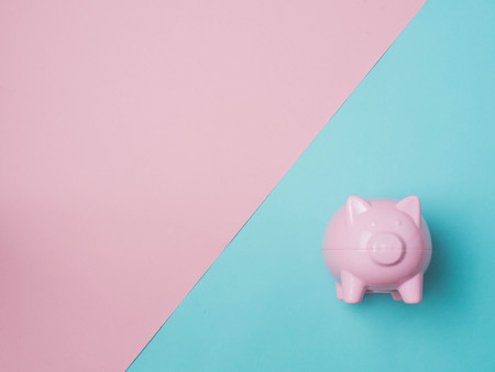 Piggy Bank Money Saving Finance Concept.Piggy bank pink color on color background.top view flat lay style.の写真素材