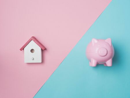 Piggy Bank Money Saving Finance Concept.Piggy bank pink color on color background.top view flat lay style.の写真素材