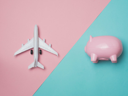 Piggy Bank Money Saving Finance Concept.Piggy bank pink color on color background.top view flat lay style.の写真素材