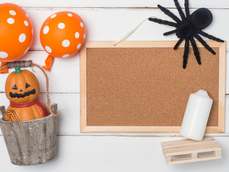 Halloween cute object concept with wooden background.top view  flat lay composition .copy space for create idea.の写真素材