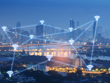 double exposure of network and city  and network connection concept.Internet data connection.