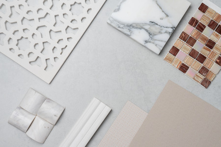 samples of material, wood , on concrete table.Interior design select material for idea.