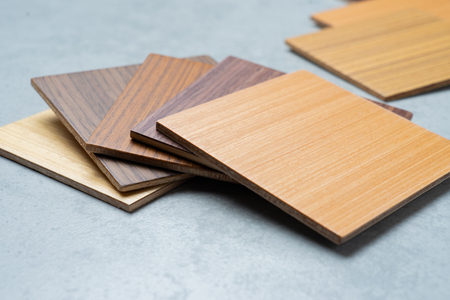 samples of material, wood , on concrete table.Interior design select material for idea.