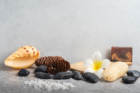 Aromatherapy  product  Spa set massage with concrete  background. top view,flat lay composition.