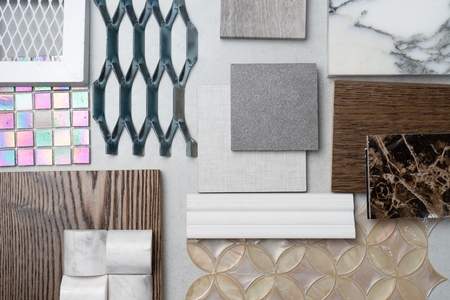 samples of material, wood , on concrete table.Interior design select material for idea.