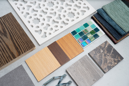 samples of material, wood , on concrete table.Interior design select material for idea.