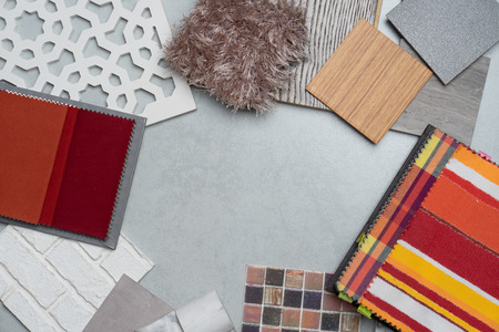 samples of material, wood , on concrete table.Interior design select material for idea.