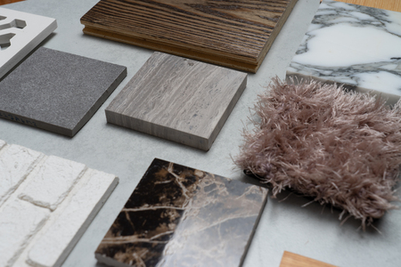 samples of material, wood , on concrete table.Interior design select material for idea.