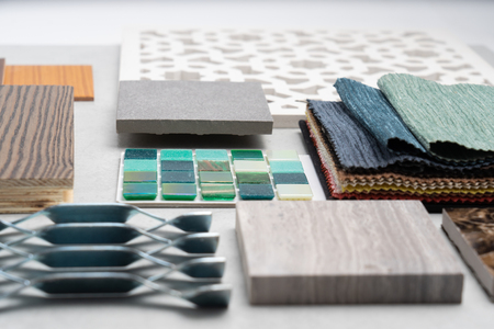 samples of material, wood , on concrete table.Interior design select material for idea.