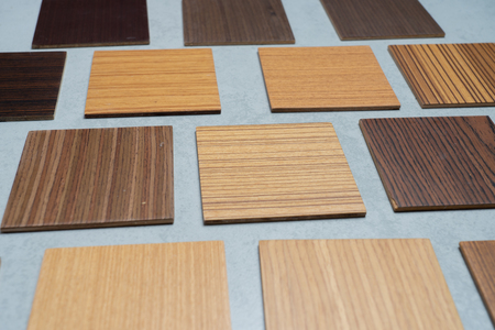 samples of material, wood , on concrete table.Interior design select material for idea.の写真素材