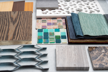 samples of material, wood , on concrete table.Interior design select material for idea.の写真素材