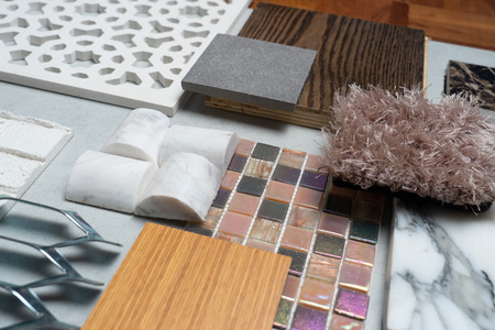 samples of material, wood , on concrete table.Interior design select material for idea.の写真素材