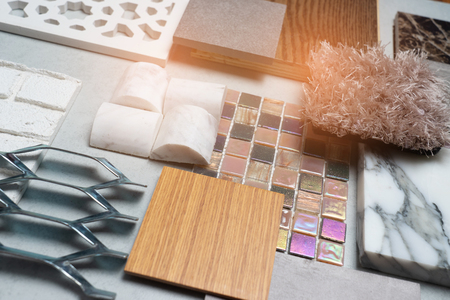 samples of material, wood , on concrete table.Interior design select material for idea.
