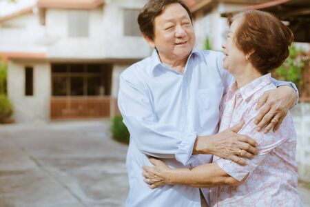 Happy elderly couple with lifestyle after retiree concept. Lovely asian seniors couple embracing...