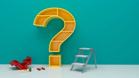 Question mark on a background of colour signs. 3D Rendering.Bookshelves in the shape of question mark, question book shelf concept 3d rendering.の写真素材
