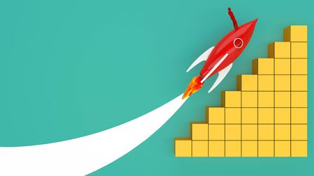 Rocket Flying  to Successful background . Business concept illustration.Rocket flying over cloud. Start up business growth .3d rendring.Business chart with a rocket going up.の写真素材
